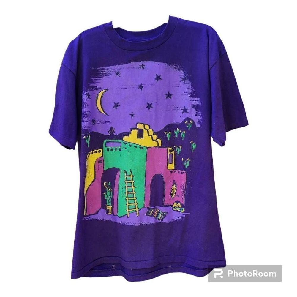 Vintage 80s peddlers Top Tshirt Purple Southwest Art to Wear Cactus Adobe ONE SI